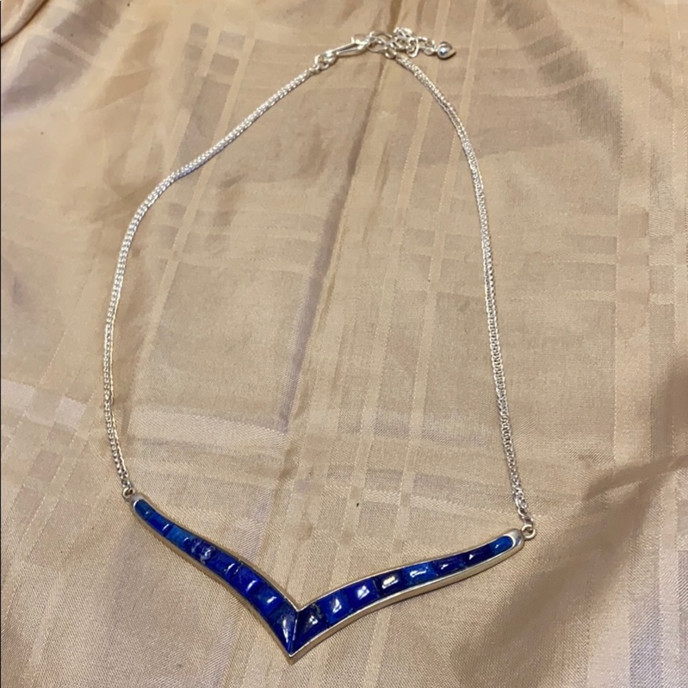 Mine finds by Jay King lapis v-shaped .925 Sterling inlaid necklace - Picture 2 of 8
